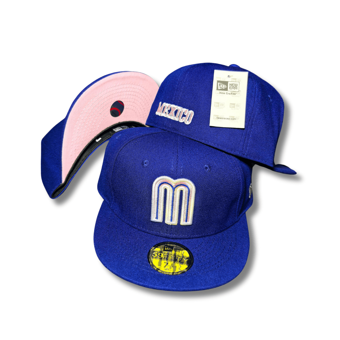 Team Mexico with Embroidered Logo and Pink Underbrim Royal Blue – Fitted Cap