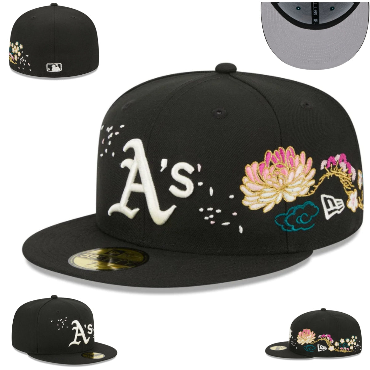Oakland Athletics Black Floral Embroidered Fitted Cap
