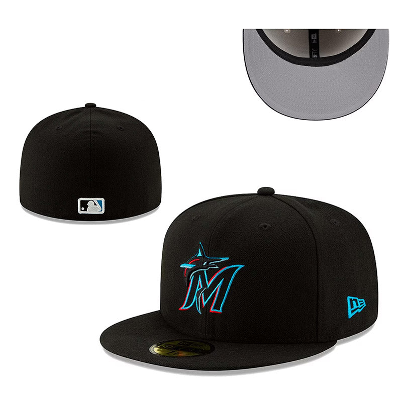 Miami Marlins Black Fitted Cap with Vibrant Teal and Red Logo – Official MLB Baseball Hat