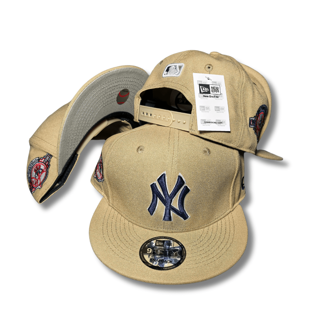 New York Yankees with Navy Embroidered Logo and Collector Side Patches Tan – Snapback Cap