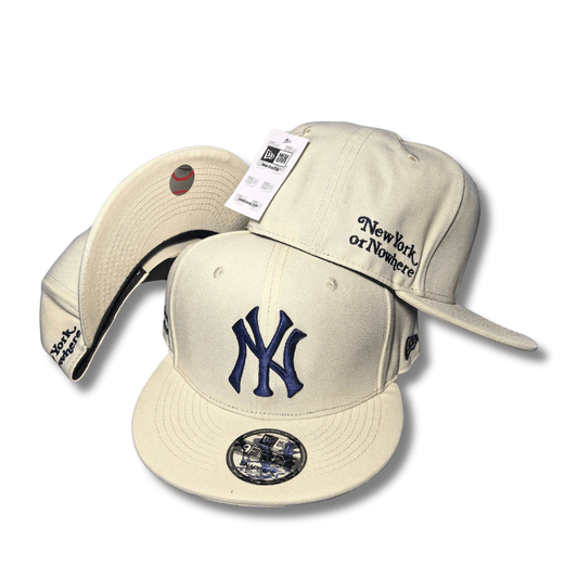 New York Yankees with Navy Embroidered Logo and “New York or Nowhere” Script Cream – Snapback Cap