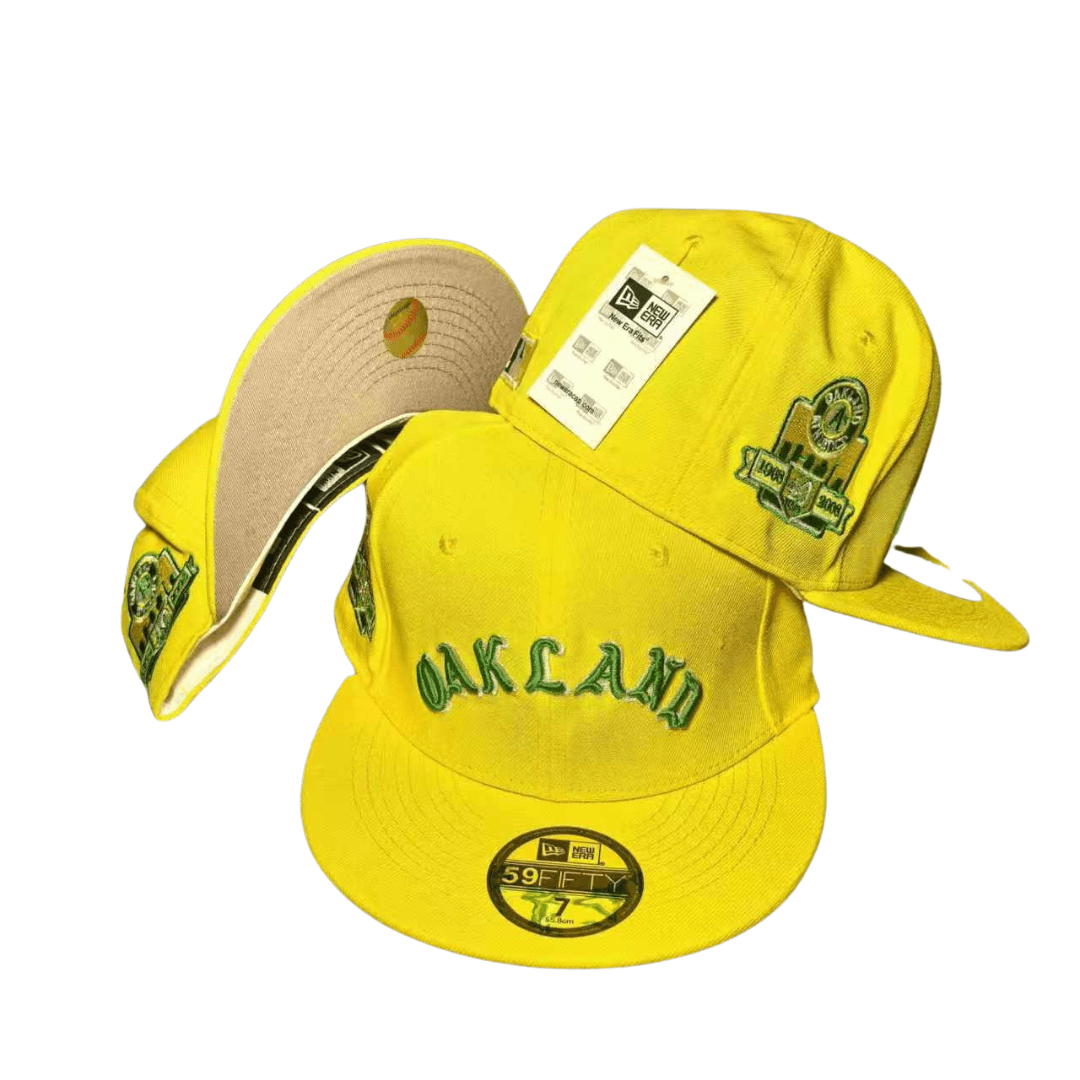 Oakland Athletics with Anniversary Patch and Embroidered Script Yellow – Fitted Cap