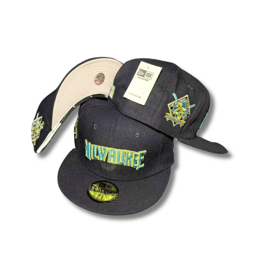 Milwaukee Fitted Hat with Embroidered Script and Commemorative Patch Black – Fitted Cap