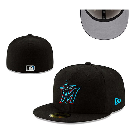 Miami Marlins Black Fitted Hat with Aqua and Red Logo