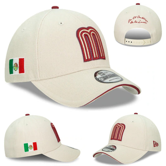 Cream Snapback Cap with Embroidered Logo and Mexican Flag Design
