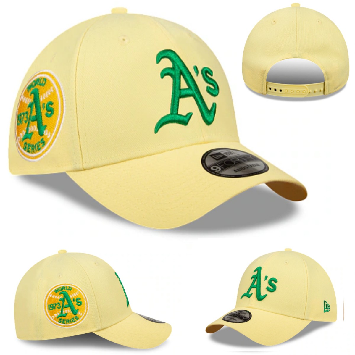 Yellow Snapback Cap with Green Embroidery and 1973 World Series Patch